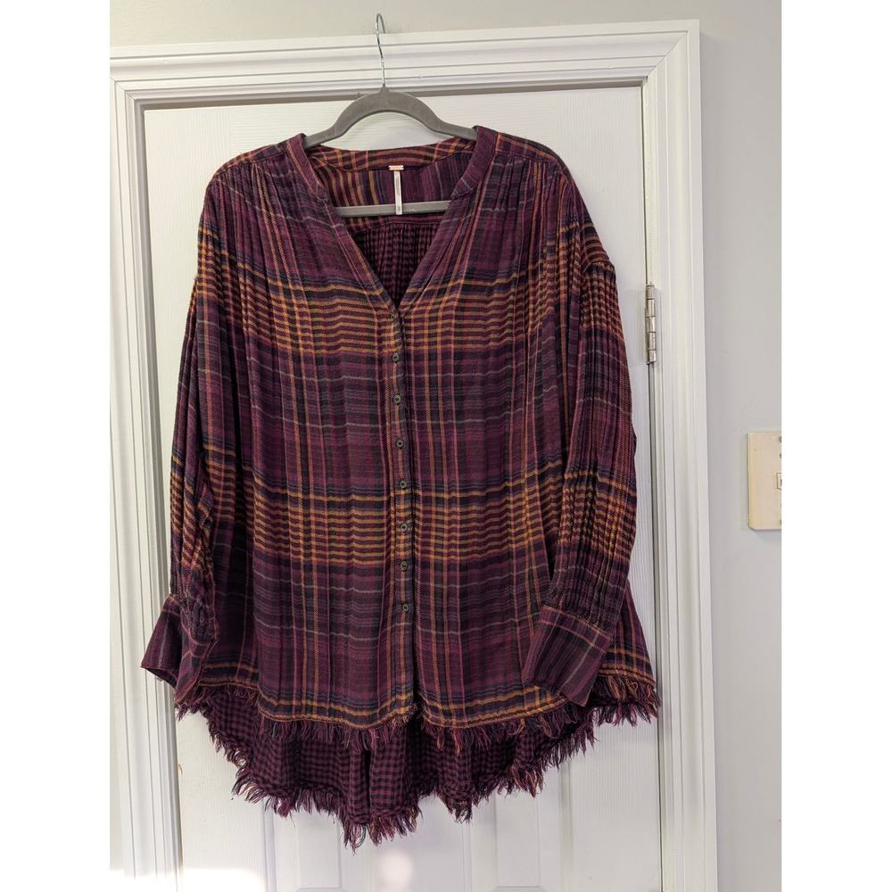 Free People Purple Plaid Oversized Fringe Tunic Top Long Sleeve XS OB534932